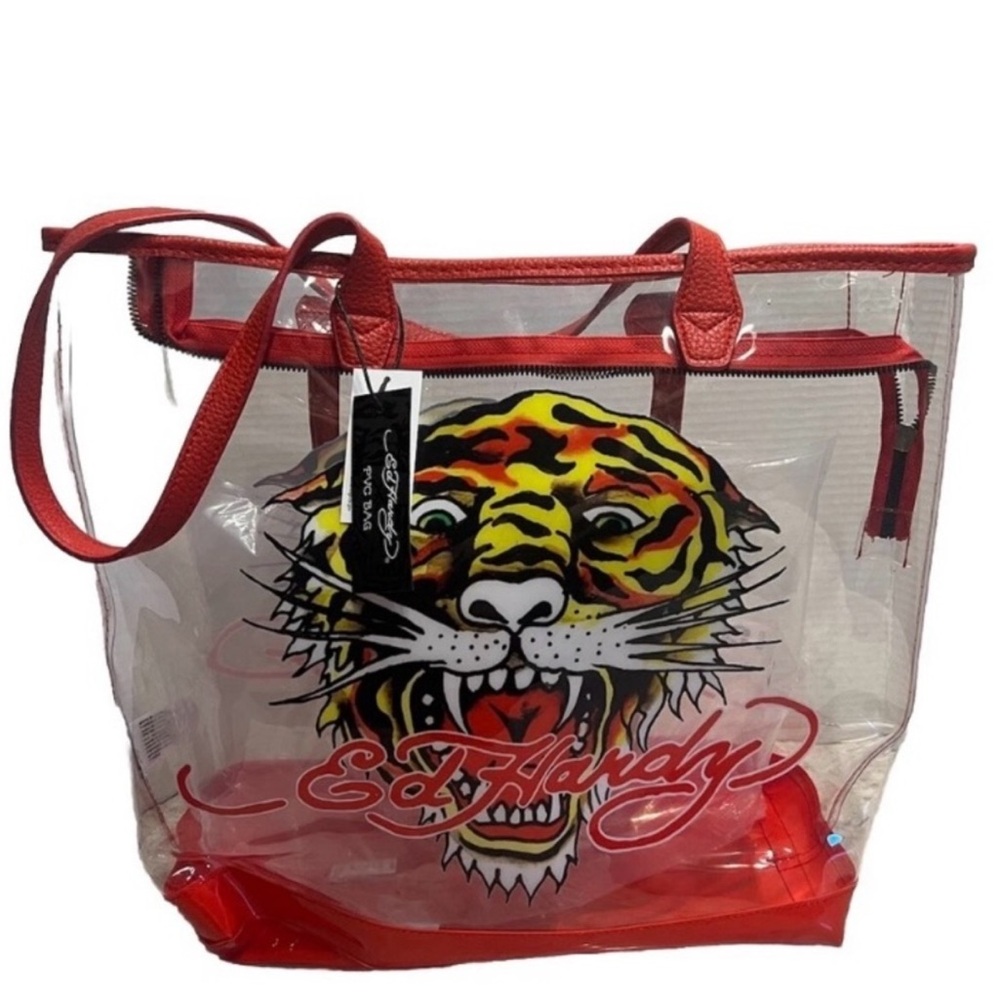 Ed Hardy Red & Clear Tiger Tote with Pouch Retails:$159 NWT
